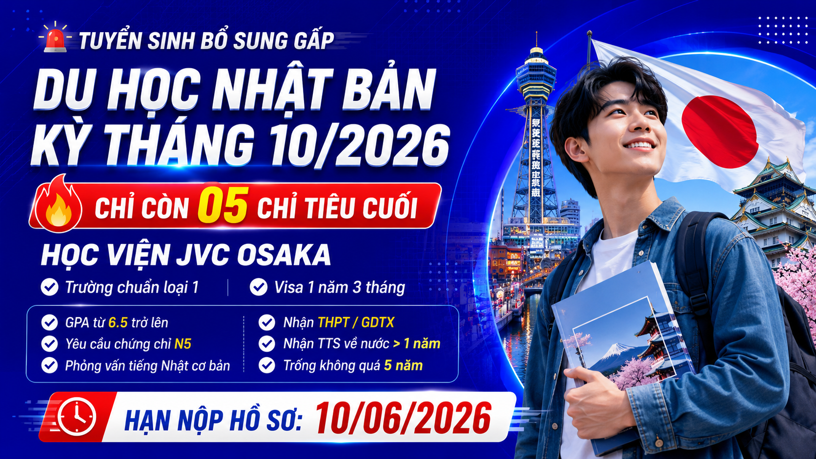 Học viện ngôn ngữ Nhật Bản JVC Academy (日本語学校 JVC アカデミー) — Khóa Tiến học 1.5 năm (進学 1.5 コース), kỳ nhập học tháng 10/2026